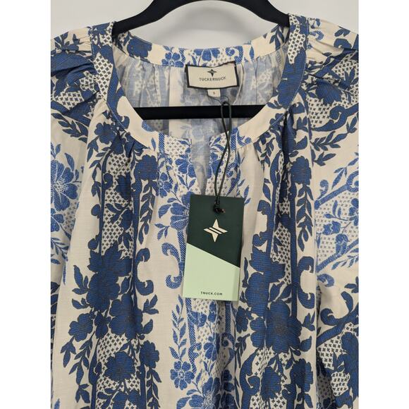 Tuckernuck Blue White Floral Midi Dress Small Boho Peasant NWT Linen Blend - Picture 4 of 5